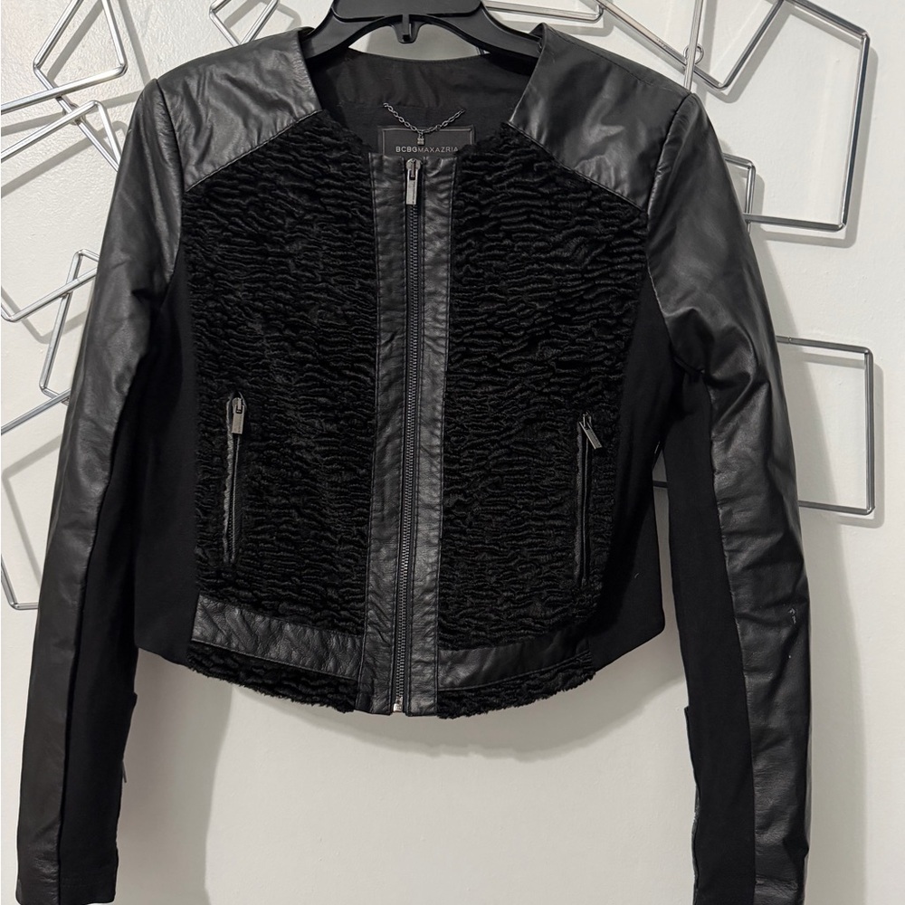 BCBG Max Azria Black Bernice Genuine Leather Moto Jacket Size Medium